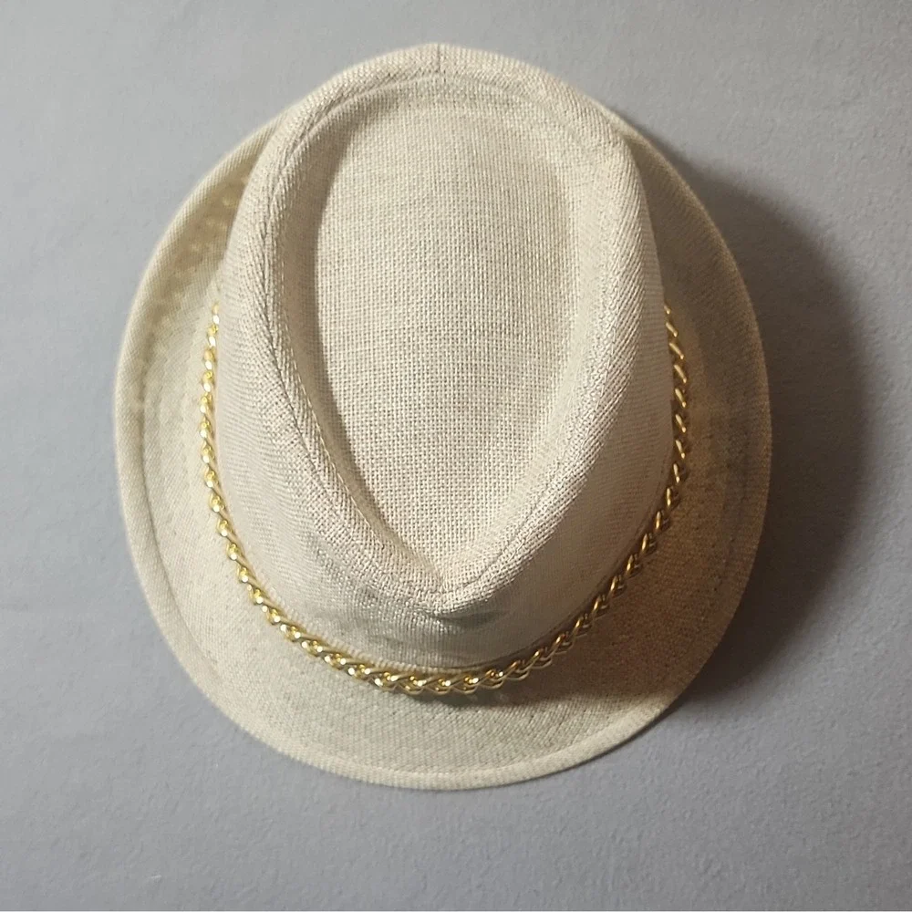 Men's Beige Fedora Hat with Gold Chain Band, Solid Pattern, One Size